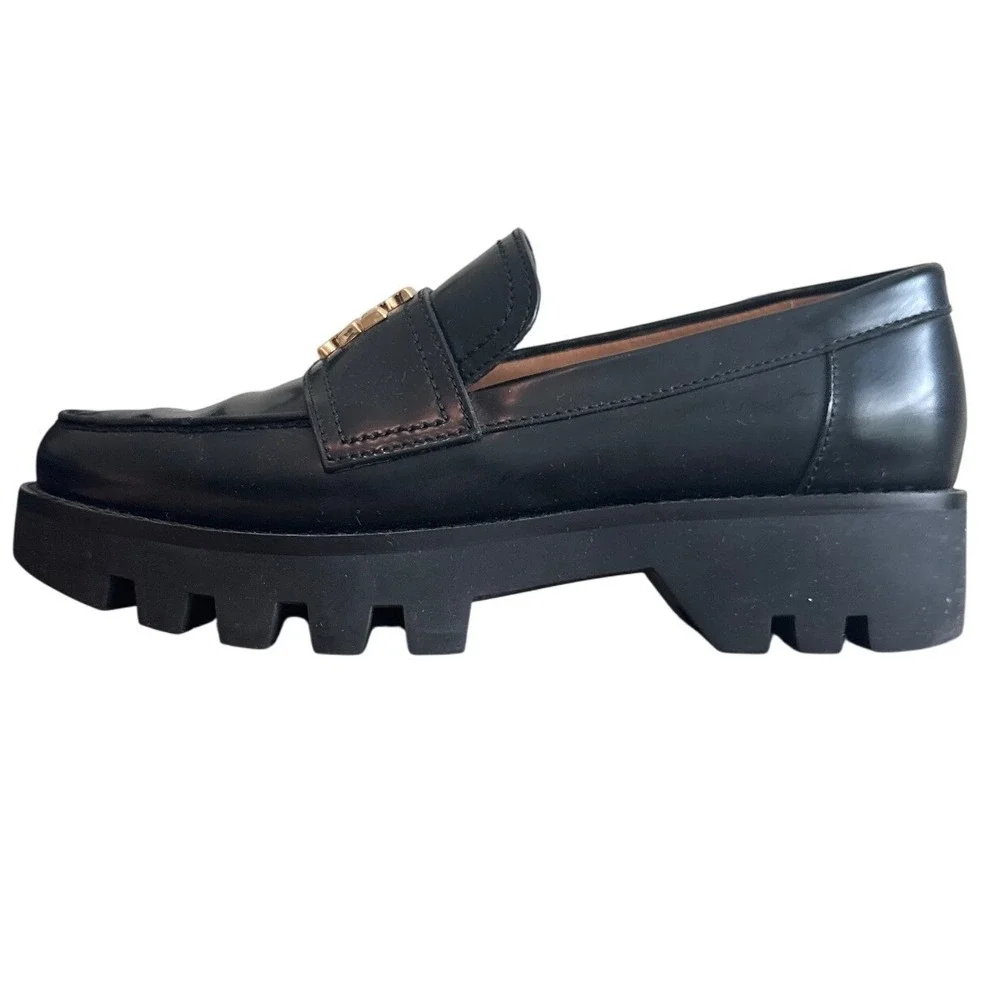 Tory Burch Mini Everly Chunky Lug Sole Leather Loafers Black 6.5 Gold Logo
